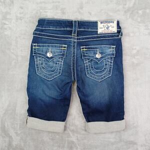 True Religion Big T Riley Knee Length Shorts Women's 24 Blue Flap Pocket Cuffed